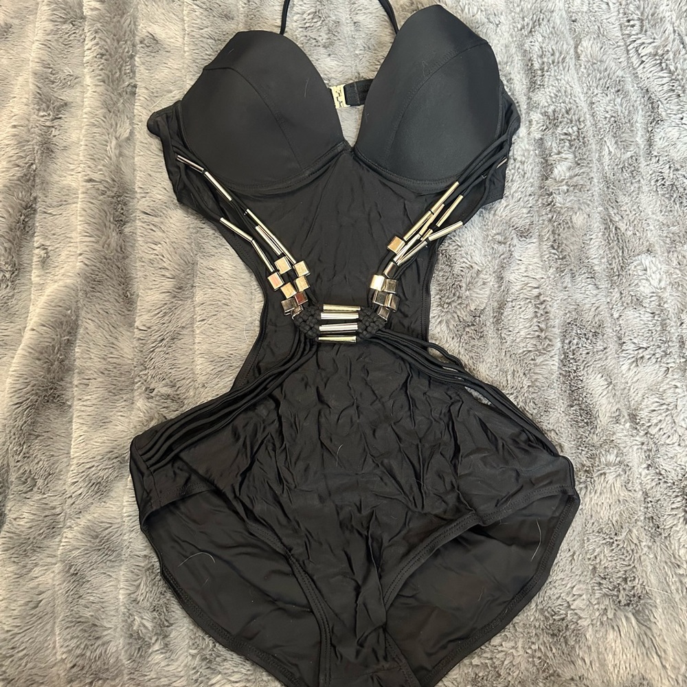 Sexy Black Monokini Embellished With Silver Hardware